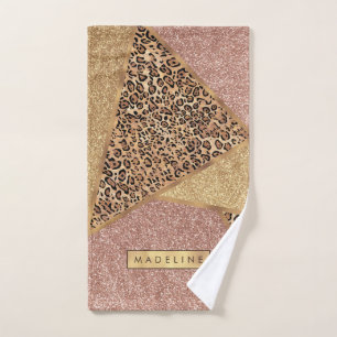Geometric Rose Gold Blush Glitter Leopard Pattern Hand Towel