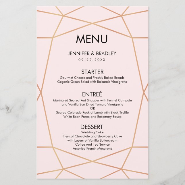 Geometric Rose Gold Dinner Menu | Custom Colour (Front)