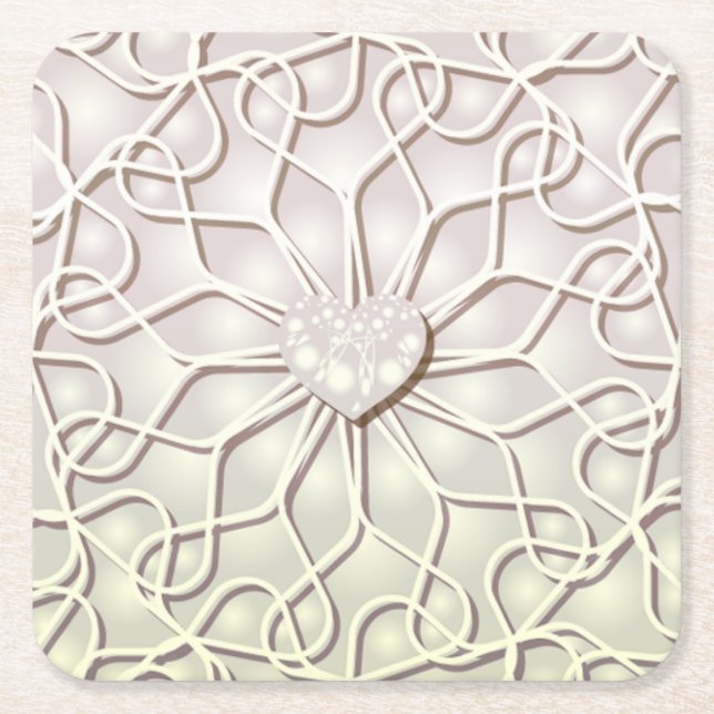 Geometric Rose Gold LOVE Heart Pattern Square Paper Coaster (Front)