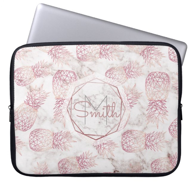 Geometric rose gold pineapples marble pattern laptop sleeve (Front)