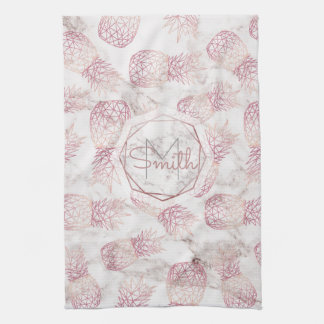Geometric rose gold pineapples marble pattern tea towel