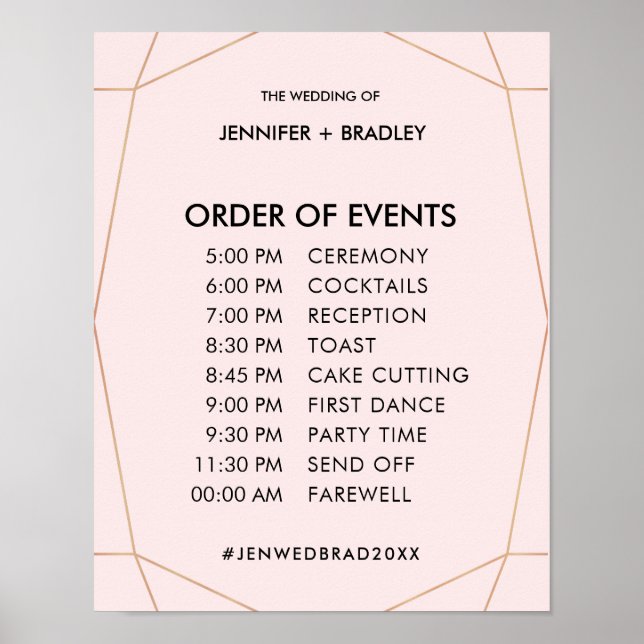 Geometric Rose Gold Wedding Schedule Sign (Front)