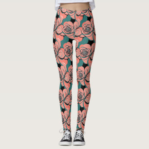 Geometric Roses In Shades Of Black And Teal Leggings