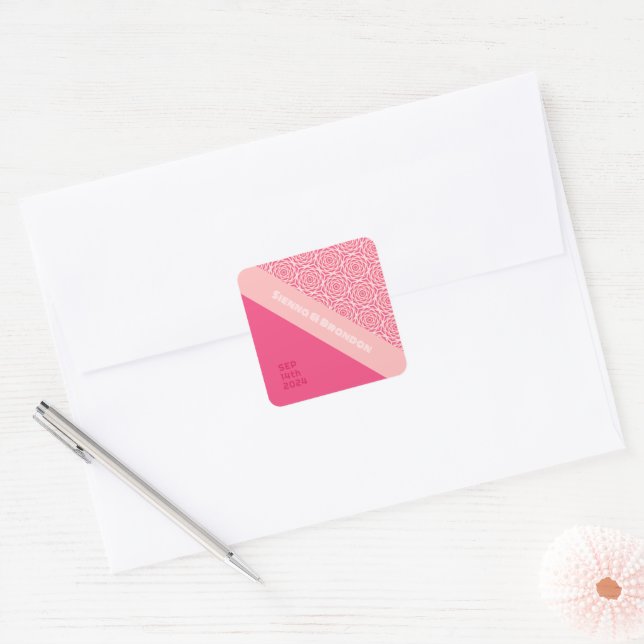Geometric Roses Red Wedding Square Sticker (Envelope)