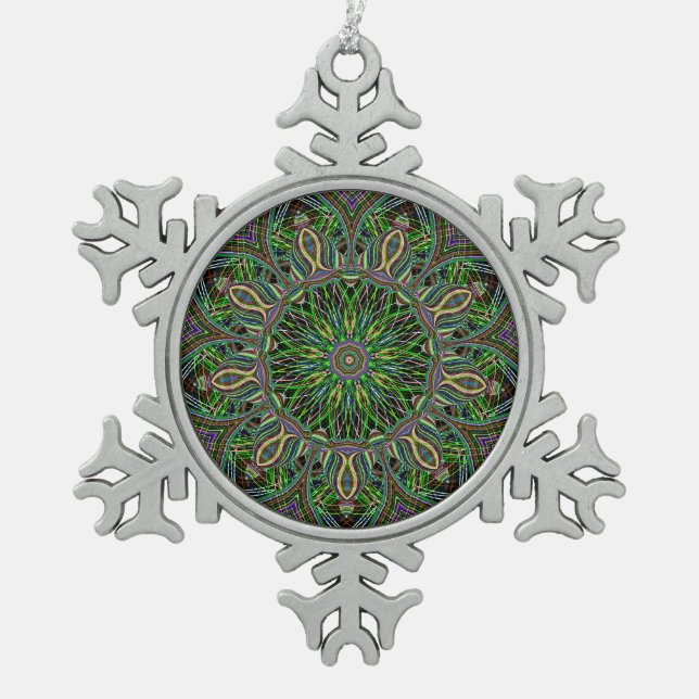 Geometric Rosette Mandala Line Pattern Snowflake Pewter Christmas Ornament (Front)