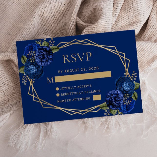 Geometric Royal Blue Floral Gold Wedding RSVP Card (Creator Uploaded)