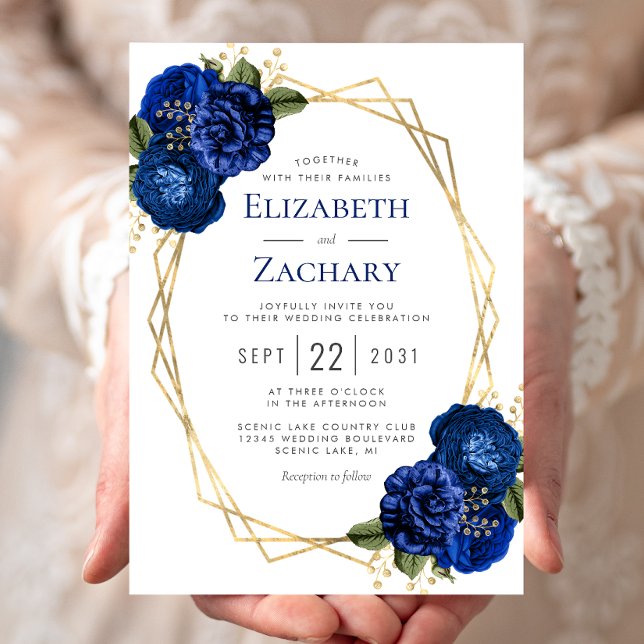 Geometric Royal Blue Floral Wedding Invitation (Creator Uploaded)
