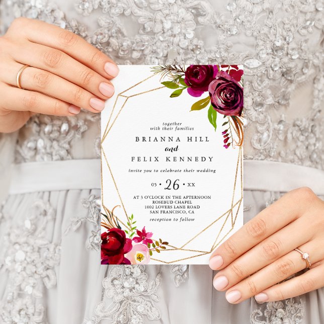 Geometric Rustic Burgundy Floral Casual Wedding Invitation (Creator Uploaded)