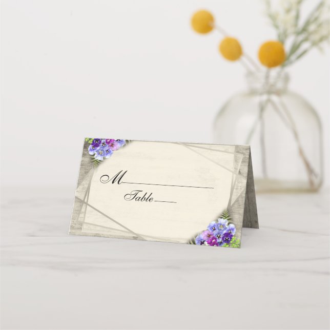Geometric Rustic Elegant Pansies Wedding Place Card (Front)
