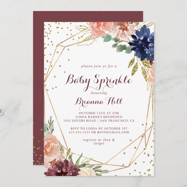 Geometric Rustic Gold Calligraphy Baby Sprinkle Invitation (Front/Back)
