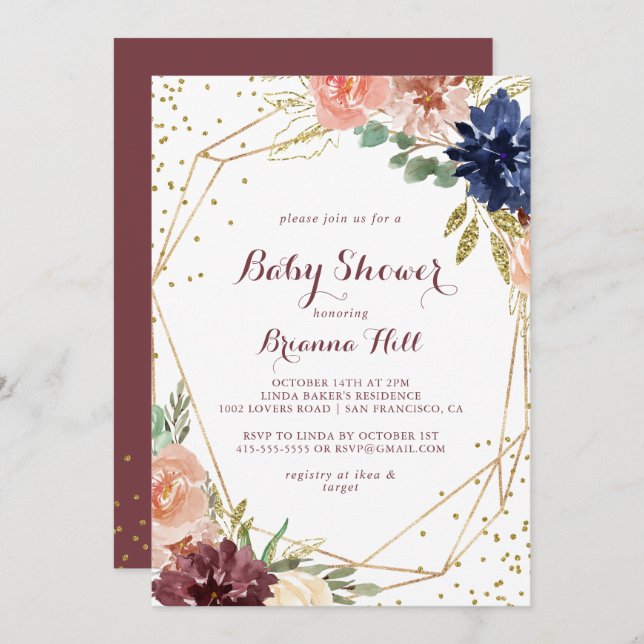 Geometric Rustic Gold Glitter Baby Shower Invitation (Front/Back)