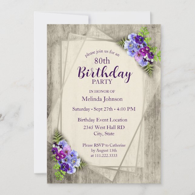 Geometric Rustic Pansies 80th Birthday Invitation (Front)