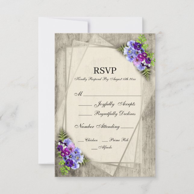 Geometric Rustic Pansies in Blue & Purple RSVP Card (Front)