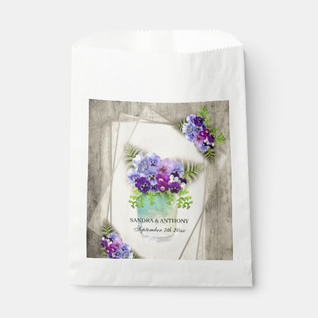 Geometric Rustic Pansies in Mason Jar Wedding Favour Bags (Front)