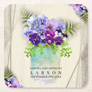 Geometric Rustic Pansies in Mason Jar Wedding Square Paper Coaster
