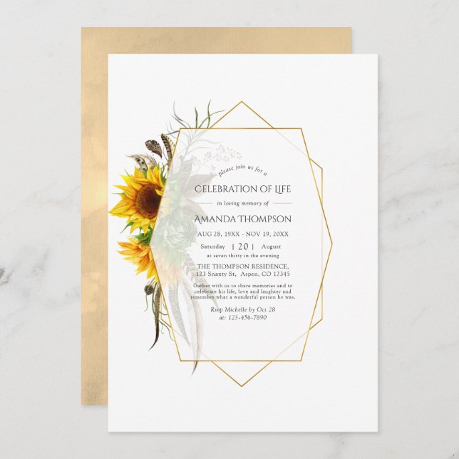 Geometric Rustic Sunflowers Celebration of Life Invitation (Front/Back)