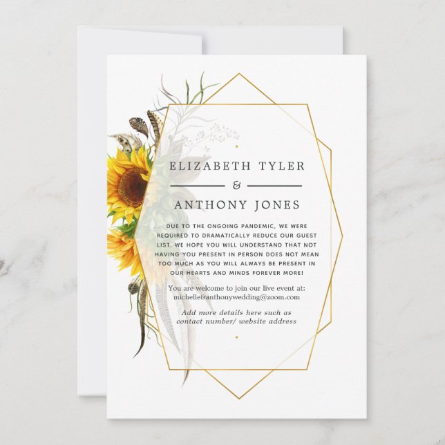 Geometric Rustic Sunflowers Reduced Wedding Guests Announcement (Front)