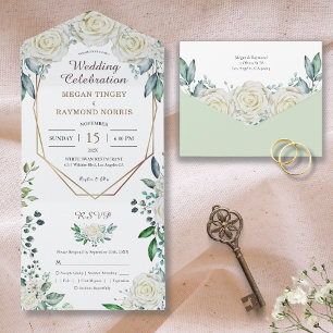 Geometric Sage Green Greenery & White Roses Rustic All In One Invitation