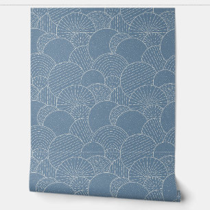 Geometric Scallops Line Art, Smokey Blue Wallpaper