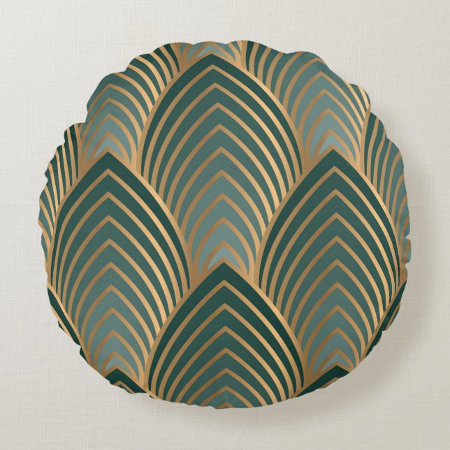 Geometric seamless pattern with golden and green c round cushion (Front)