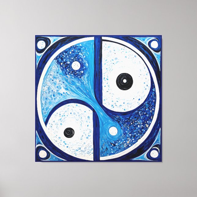 Geometric Serenity: Blue & White Yin Yang Canvas Print (Front)