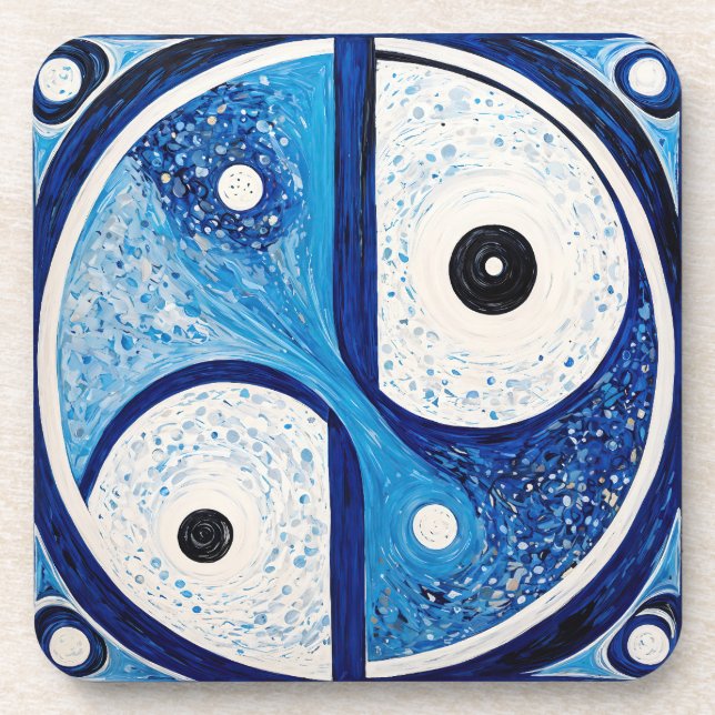 Geometric Serenity: Blue & White Yin Yang Coaster (Front)
