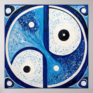 Geometric Serenity: Blue & White Yin Yang Poster