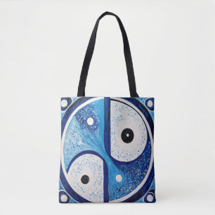Geometric Serenity: Blue & White Yin Yang Tote Bag