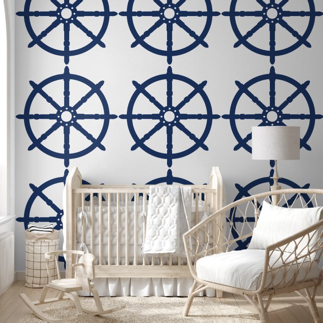 Geometric Shape Nautical Coastal Navy Ship Wheel Wallpaper (Kids)