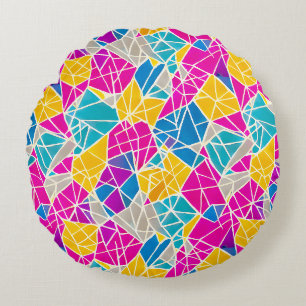 Geometric Shapes and Lines in Vibrant Colour Round Cushion