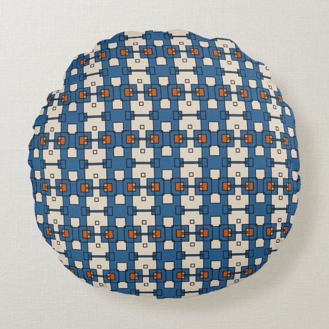 Geometric shapes blue orange cream round cushion (Front)