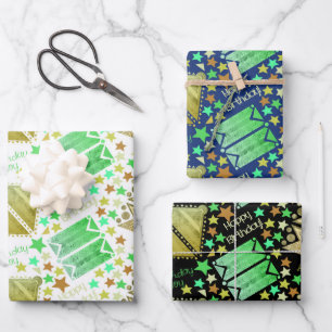 Geometric Shapes with Birthday Boy 3 Sets of Flat Wrapping Paper Sheet
