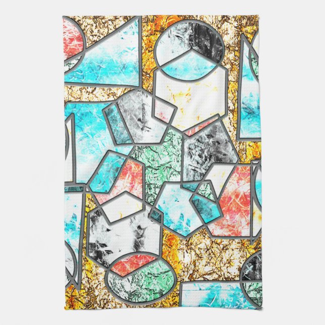 Geometric shapes with strange whitish textures tea towel (Vertical)