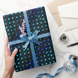 Geometric Shiny Teal Blue & Black Small Squares Wrapping Paper