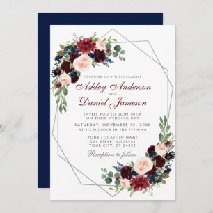 Geometric Silver Burgundy Floral Blue Wedding Invitation