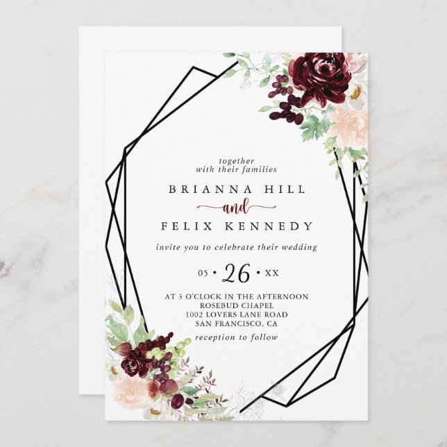 Geometric Simple Colourful Classic Floral Wedding Invitation (Front/Back)