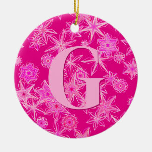 Geometric Snowflakes, Fuchsia Pink Personalised Ceramic Tree Decoration