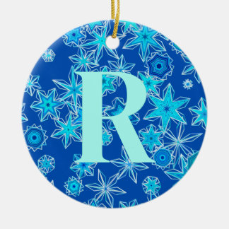 Geometric Snowflakes, Sapphire Blue Personalised  Ceramic Tree Decoration