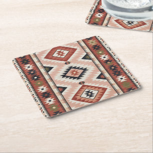 Geometric Southwestern Tribal Kilim in Terracotta Square Paper Coaster