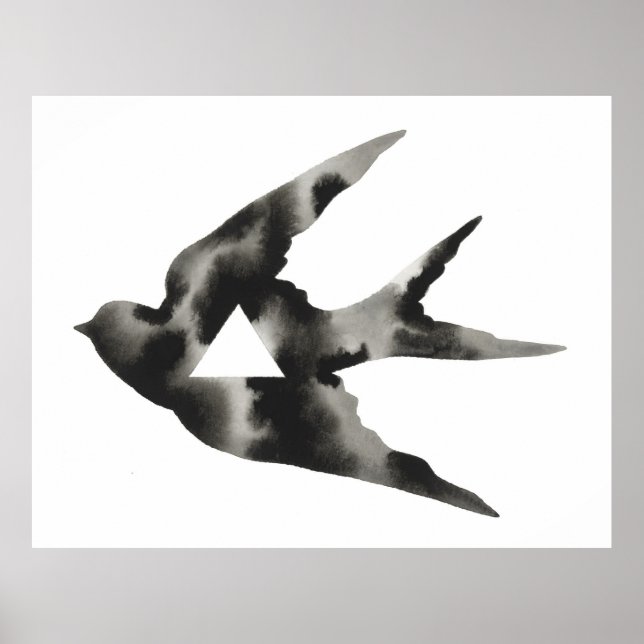 Geometric Sparrow Bird Triangle Black White Poster (Front)