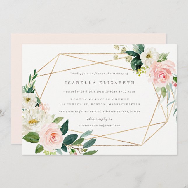 Geometric Spring Romance Christening Invitation (Front/Back)