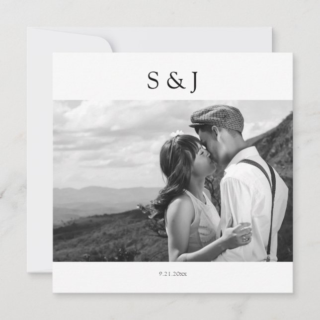 Geometric Square Black & White Photo 2 Wedding Invitation (Front)