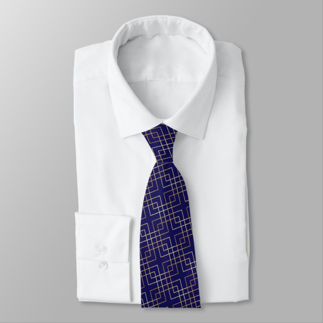 Geometric Square Lines Gold Vector Pattern Navy Tie (Tied)