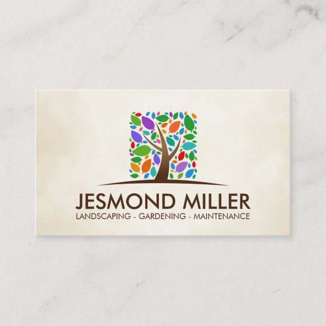 Geometric Square Tree Colourful leaves Business Card (Front)