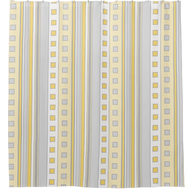 Geometric Squares and Stripes, Yellow, Grey, Cream Shower Curtain (Front)