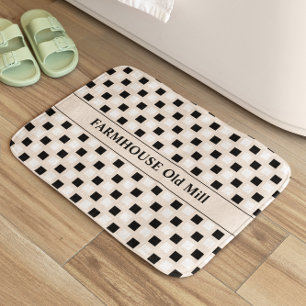 Geometric Squares Beige Black Bath Mat