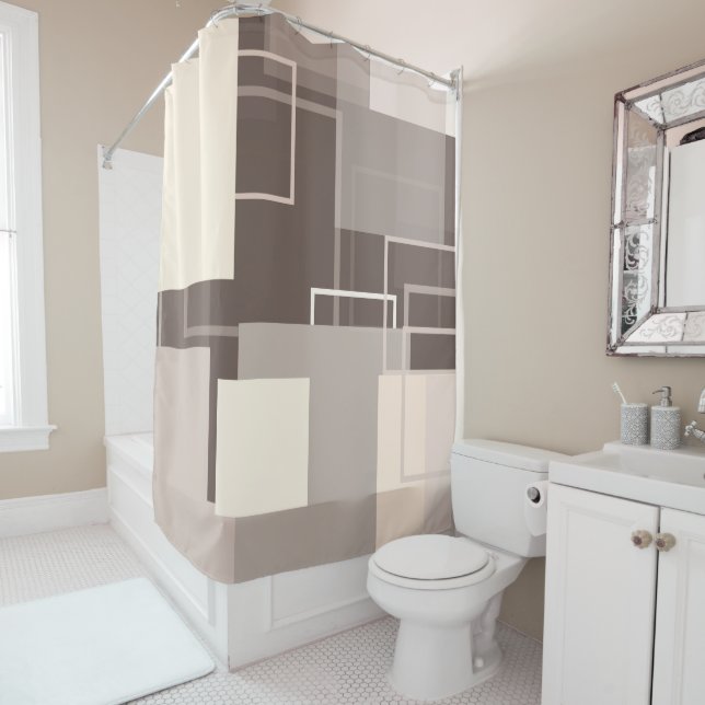 Geometric Squares - Chocolate and Cream Shower Curtain (In Situ)