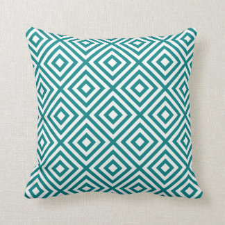 Geometric Squares Pattern #1A Teal Blue and White Cushion