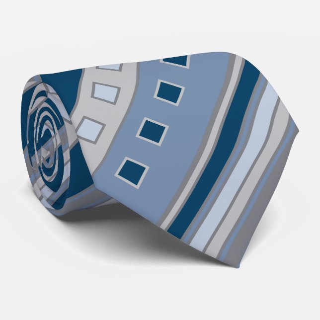 Geometric Squares & Stripes, Navy Blue, Grey Tie (Rolled)
