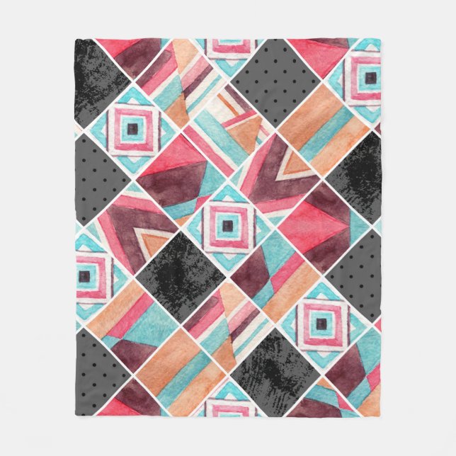 Geometric squares, watercolor patchwork fleece blanket (Front)